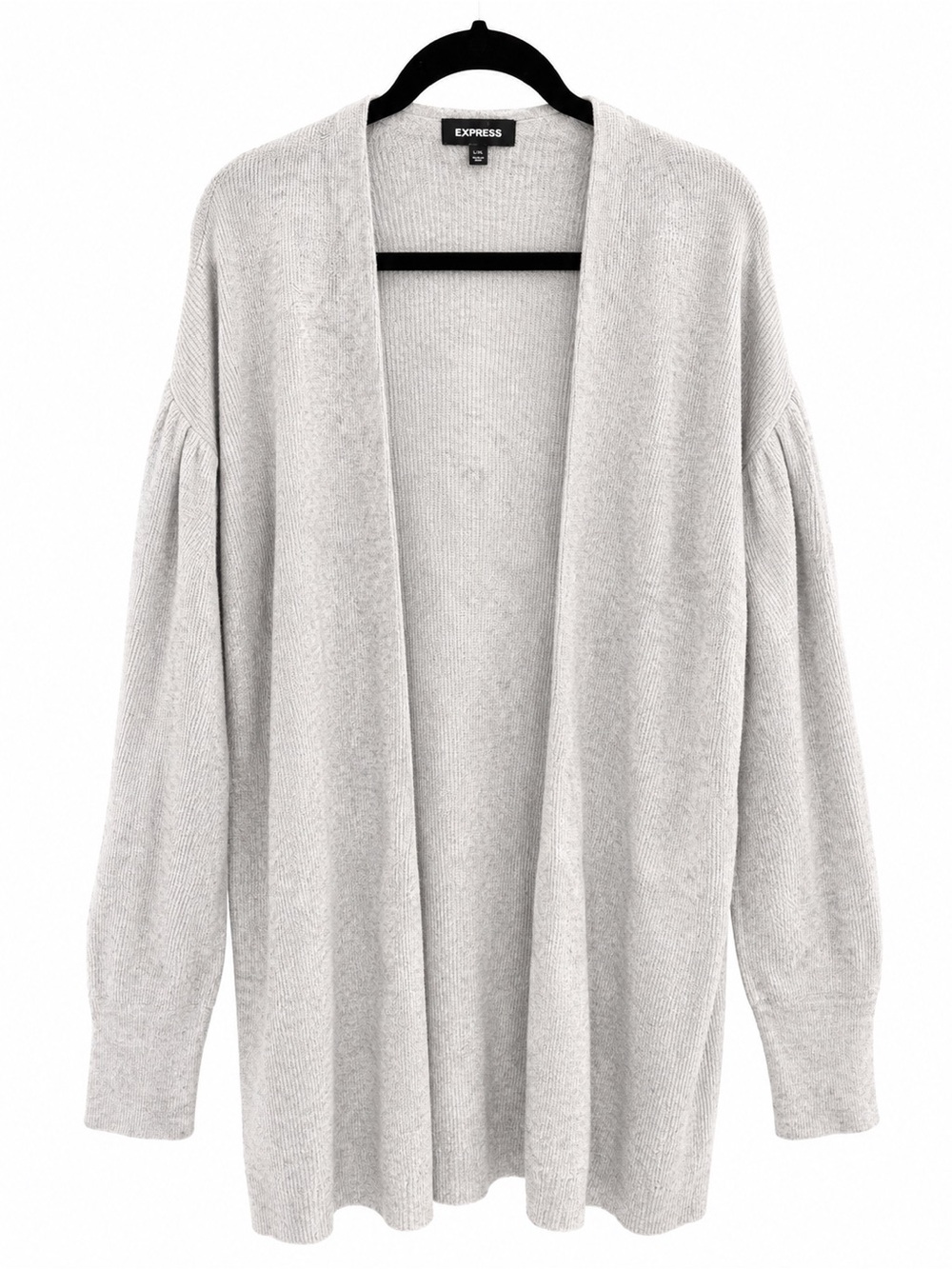 Express Open-Front Light Gray Cardigan with Puff Sleeves